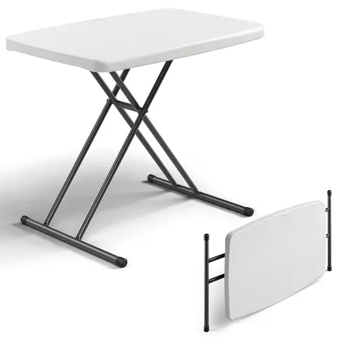 Folding Table 30 Inch - Small Desk Adjustable Height TV Tray for Laptop, Couch, Camping - Heavy Duty Utility Foldable Table for Small Spaces, No Assembly Required, White Granite