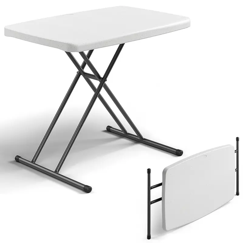 Folding Table 30 Inch - Small Desk Adjustable Height TV Tray for Laptop, Couch, Camping - Heavy Duty Utility Foldable Table for Small Spaces, No Assembly Required, White Granite