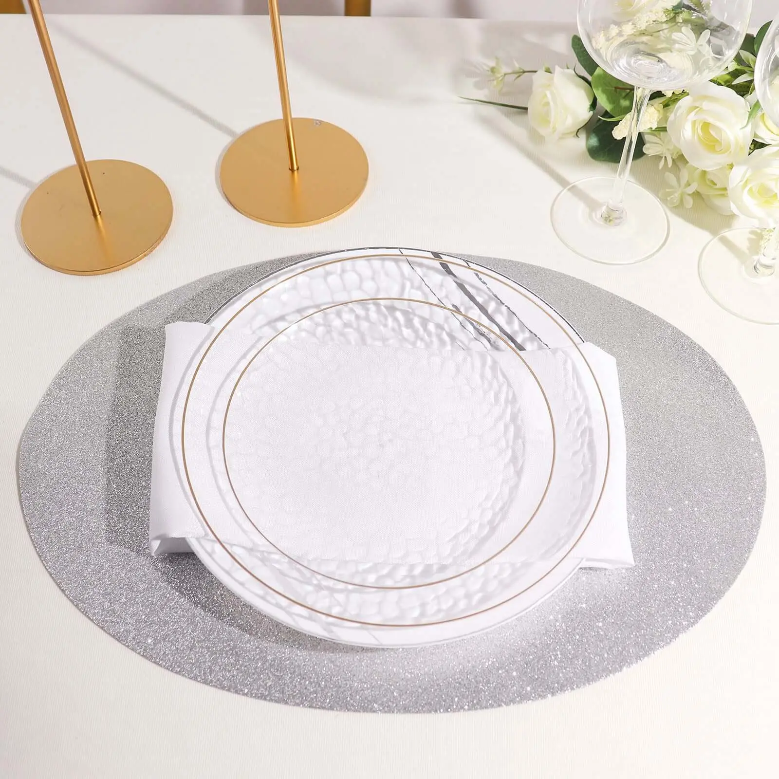 6-Pack Decorative Oval Placemats, 12"x18" Silver Glitter Design, Non-Slip Dining Table Mats - Gift for Christmas
