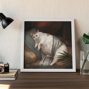Fat Cat Crying Poster, Funny Chonk Painting Meme Wall Art, Ugly Renaissance Cats Square Horizontal Art Print, Gag Lover Quirky Bizarre Gift