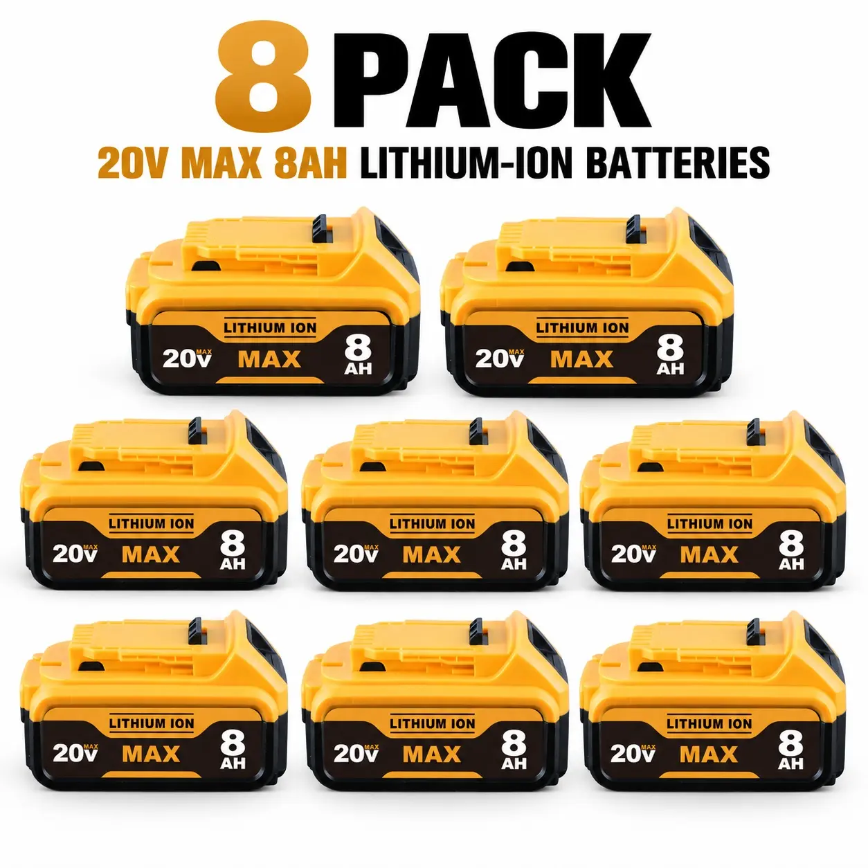 20V MAX 8.0Ah Lithium-Ion Replacement Batteries for DeWalt DCB200, Upgraded High-Capacity Rechargeable Battery Packs for Cordless Power Tools, Long Runtime & Reliable Performance