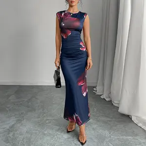 Sexy Bodycon Maxi Dresses For Women Summer Fashion Sleeveless O-neck Slim Long Party Dress Elegant Vestidos  Elegant Unique Large Flower Print