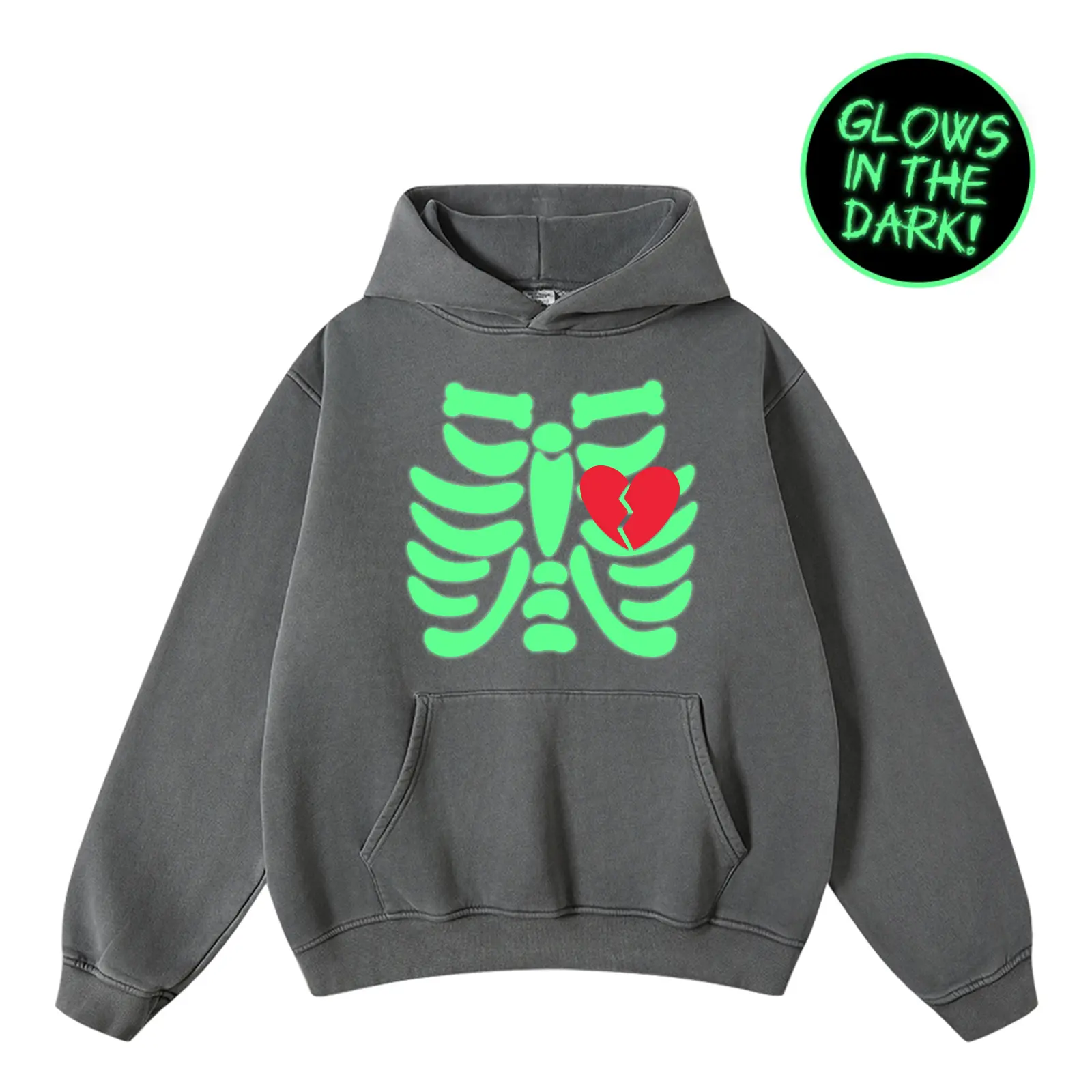 FAIABLE Glow in The Dark Halloween Hoodie Skeleton Heart Graphic Pullover Sweatshirt Unisex Vintage Streetwear Cotton Blend Casual Hooded Top