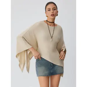 Cider Boat Neck Batwing Long Sleeve Asymmetrical Blouse Dealsforyou