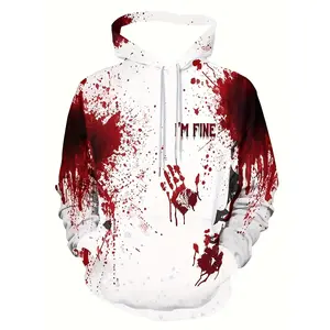 Men's "I'm Fine" Graphic Hoodie - 3D Printed, White with Red Blood Splatter Design, Casual Streetwear Pullover with Kangaroo Pocket, Oversized for Spring & Autumn