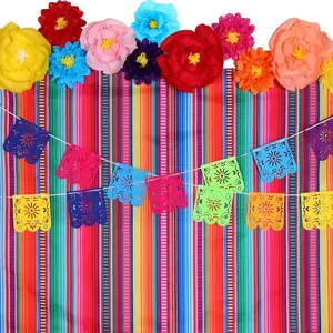 15-Piece Mexican Party Decor Set Paper Flowers 71x43 Inches Mexican Carnival Colorful Striped Backdrop Paper Cutout Flags Mexican Carnival Floral Decor May Day Party Decor (Fresh Striped Style)