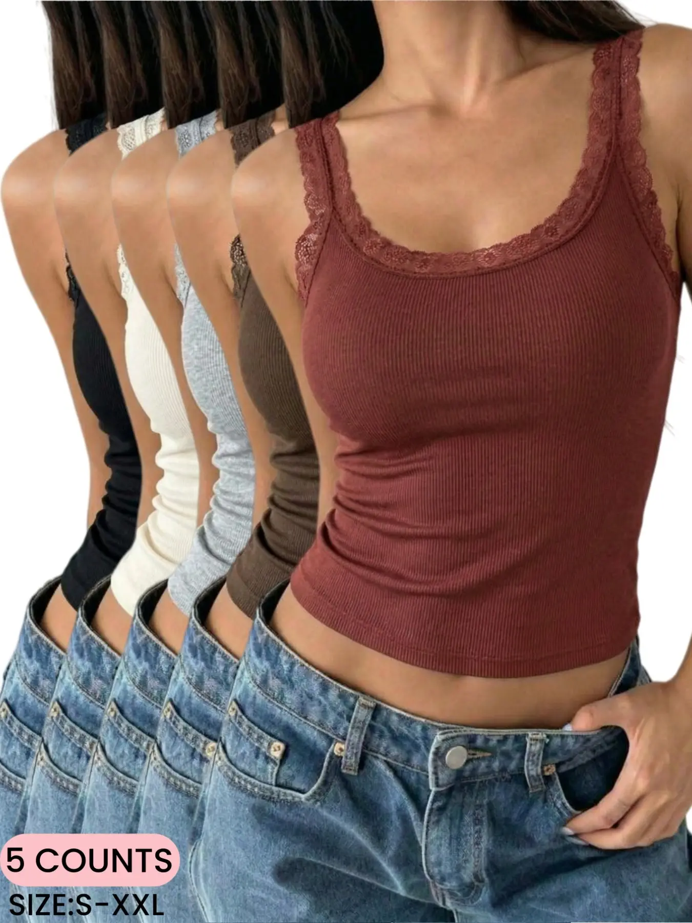 Women's Lace Round Neck Plain Sleeveless Knit Tank Tops, Comfortable Stretchy Everyday Casual Homewear, Summer Outerwear, Basic Slim Vest, All Seasons
