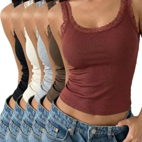 Women's Lace Round Neck Plain Chic Casual Sleeveless Knit Tank Tops, Comfortable Stretchy Casual Homewear, Summer Outerwear, Basic Slim Vest, All Seasons