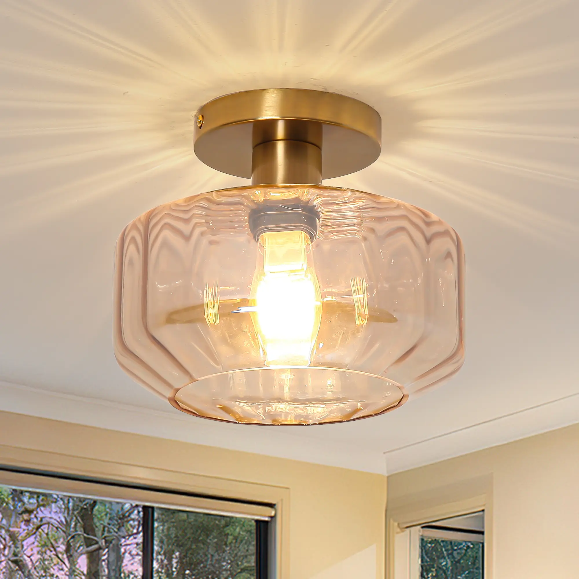 PARROT UNCLE 6/9 Inch Gerald 1-Light Semi-Flush Mount Ceiling Light Modern Copper Finish with Rippled Glass Drum Shape for Dry Locations