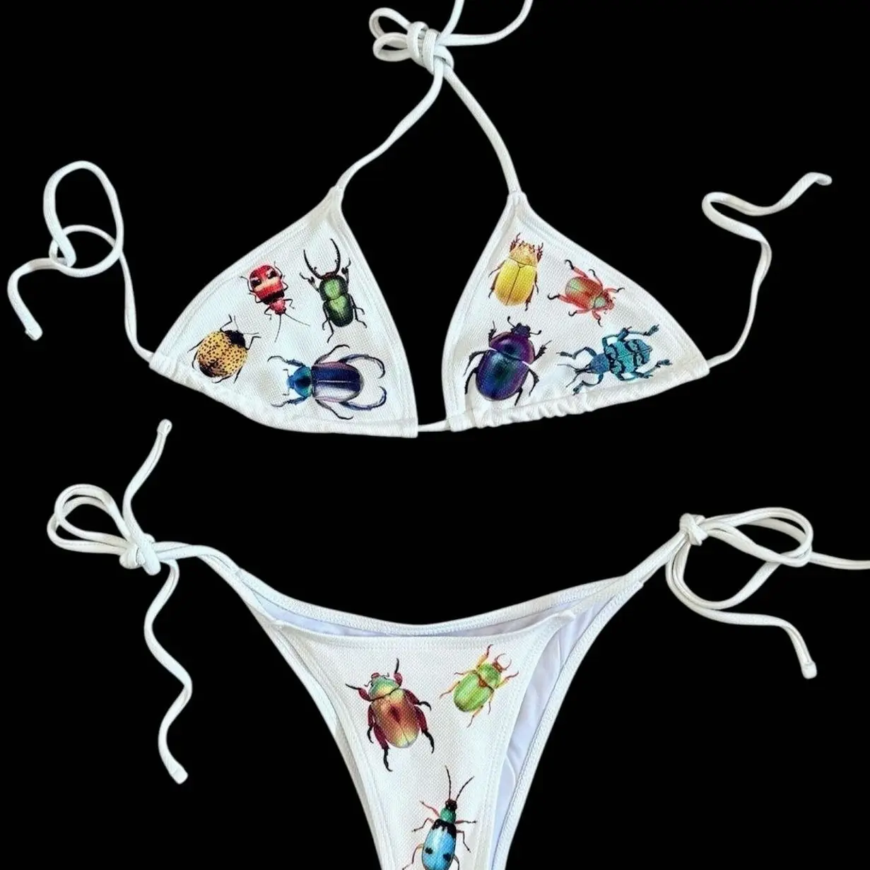 Y2K Bug Bikini – White Beetle Print Swimsuit, Insect Aesthetic Swimwear, Alt Fairycore Bikini Set, Handmade Gift for Her SXT 2W1