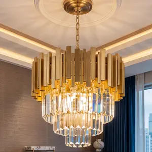 Modern Gold Crystal Chandelier, 3-Tier Raindrop Effect 15.7-Inch Adjustable Round Pendant Light, E12 Base Fixture for Dining Room Living Room Bedroom, Luxury Home Decor, Bulbs Not Included