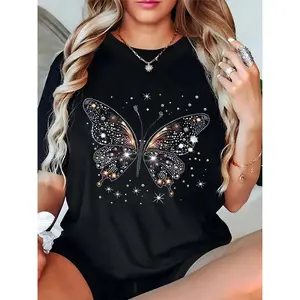 Women's Black Bling Rhinestone Butterfly & Sparkly Stars T-Shirt Casual Daily Party Summer Fashion Top