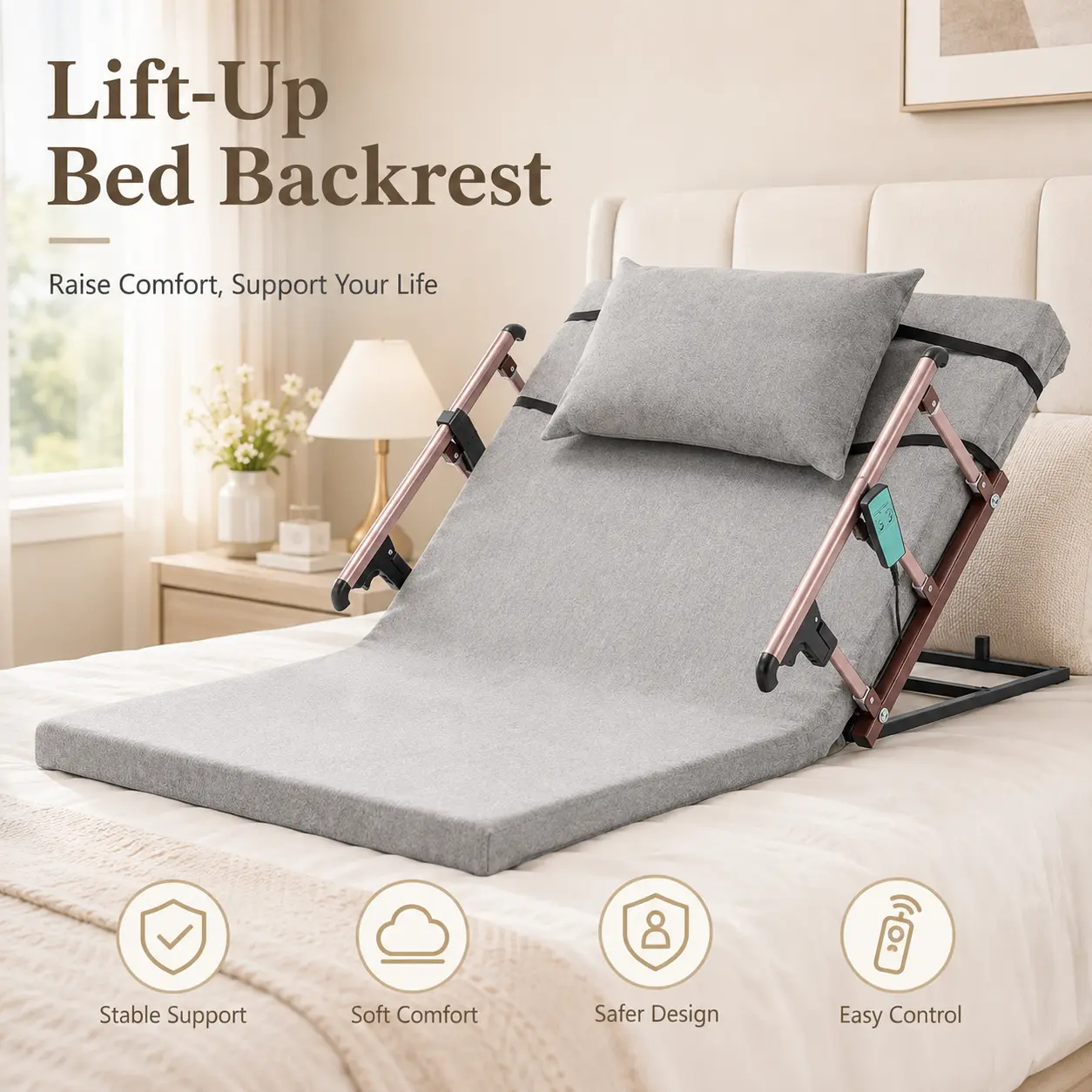 Electric Adjustable Bed Backrest, 4°–68° Power Lift Back Support with Remote Control, Foldable Safety Rails, 300 lb Capacity, Bed Sitting Aid for Seniors, Pregnant Women, Limited Mobility and Home Care