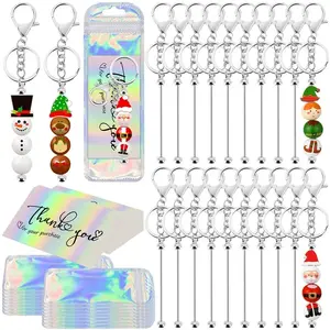 60 Pcs Beadable Keychain Bar Bulk Silver Bead Keychain Beaded Item for Pendant DIY Alloy Blank Key Chain Accessories Includes 20 Beadable Keychains 20 Bags 20 Cards