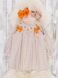 Embroidered Pumpkin Patch Gingham Smocked Dress