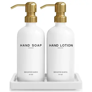 Luxury Glass Soap and Lotion Dispenser Set with Tray by Brighter Barns - Hand Soap Dispenser Bathroom Set & Stainless Steel Pump for Home or Airbnb - White and Gold Bathroom Accessories & Decor (Gold)