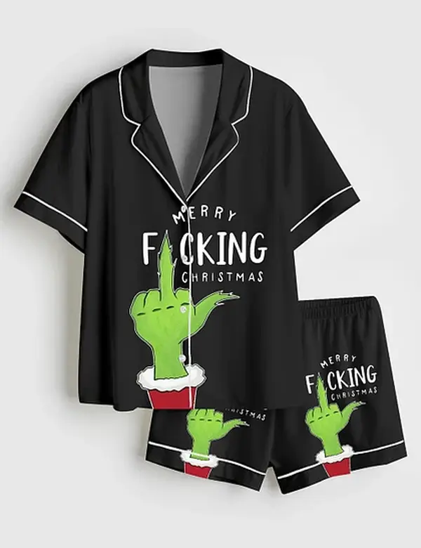 Women’s Merry Grinch Pink Christmas Short Sleeve Satin Pajama Set #PersonalizedPjs #BambooPajamas #MatchingSets #VintageVibe #PajamaCore