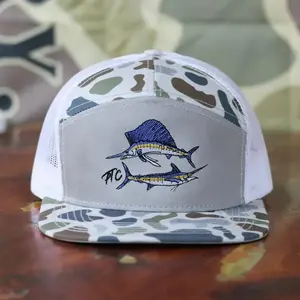 Scoper Outdoor Fishing Hat | Camo Pattern Flat Bill Cap | Embroidered Catfish Hook Trucker Snapback