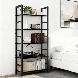 5-Tier Bookshelf, Free Standing Wooden Bookcase with Open Storage Shelves with Metal Frame, Sturdy Shelf Organization Display Rack for Living Room, Bedroom, Home Office, 62.2" Tall, Black