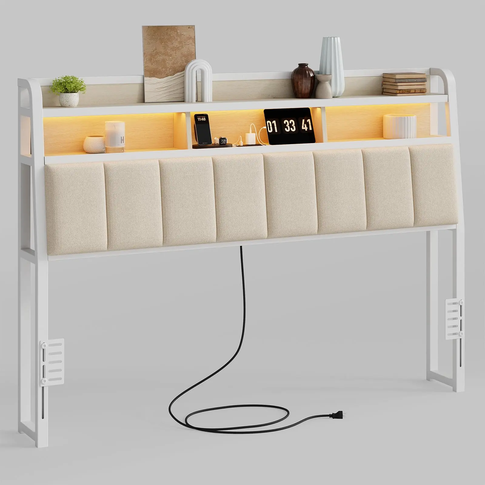 【SummerFinds】ONBRILL Ergonomic Modern Upholstered Headboard (Queen/King Size, Headboard Only) - 2-Tier Storage, LED Lights, Charging Station with USB Ports, Height Adjustable, Sturdy & Stable, Headboard Charging Station