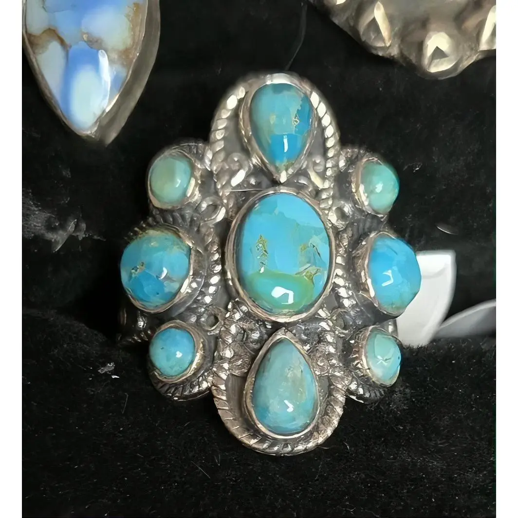 Turquoise Ring with Multiple Stones in Silver Tone Setting