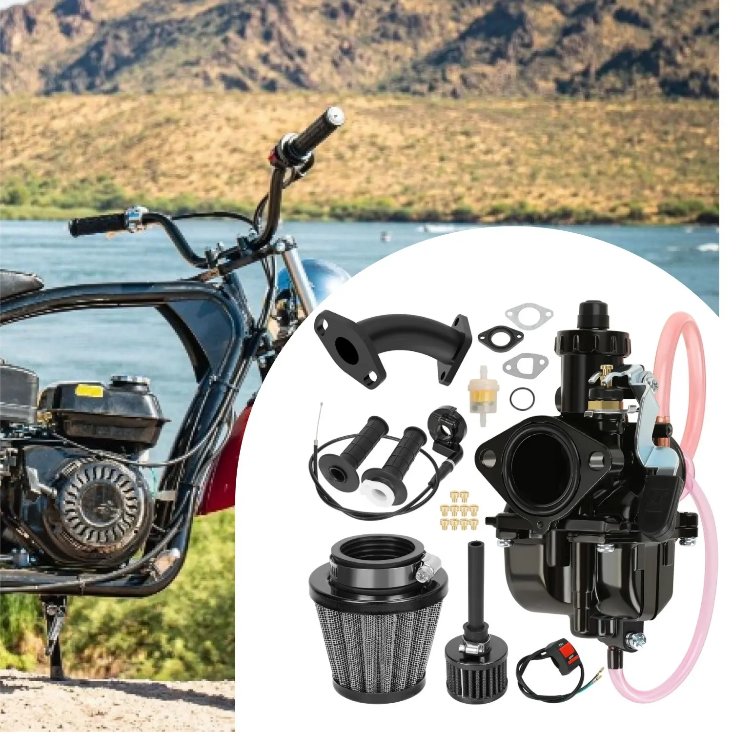 Minibike VM22 Carburetor Throttle Assembly Kit Compatible with Predator 212cc 196cc 224cc 6.5hp Colema* Mini Bike CT200U BT200X Baja Warrior MB200 Parts with Curved Intake Manifold