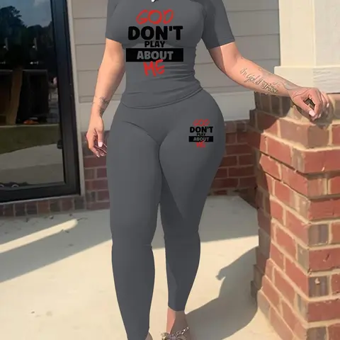 Two-piece Set Women's Letter Print Tee & Elastic Waist Pants Set, Casual Round Neck Short Sleeve T-shirt & Trousers, Ladies Summer Clothes, Womenswear, Clothing Sets, Casual Fashion Set, Casual Loungewear Set, Casual Style Set, Two pieces sets
