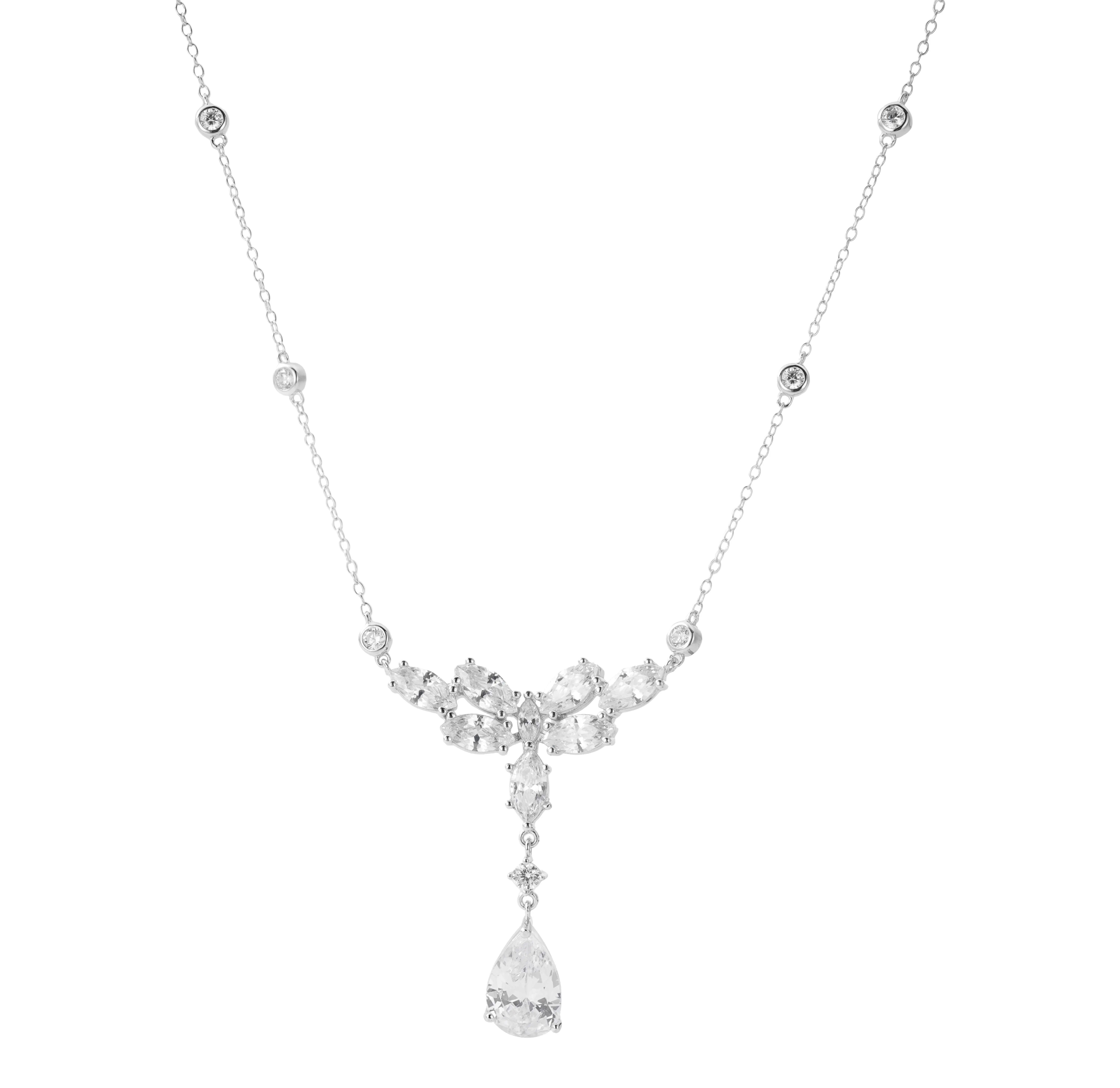Cubic Zirconia Necklace, White Gold Plated Floral Pendant, Adjustable 16–18 Inch Elegant Statement Necklace