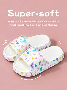 Super Soft Cute Heart Print Slide Sandals for Women, Comfy Non-Slip Home Slippers, Indoor Outdoor Casual Slides Footwear