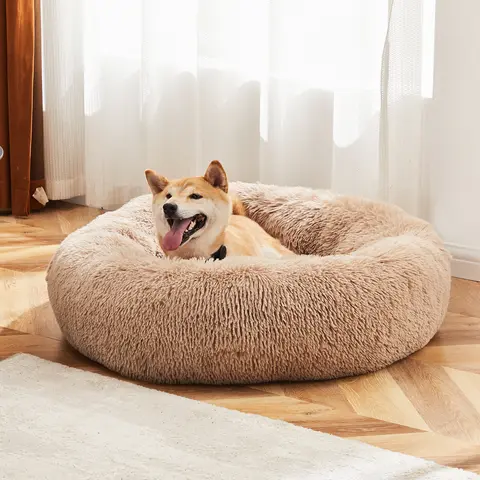 Sweetcrispy Modern Small Dog & Cat Curl-Up Bolster Bed, Puppy Bed with Long Plush Waterproof Artificial Fur, Memory Foam, Machine-Washable Design, Non-Slip Base for Anxiety-Free Pets