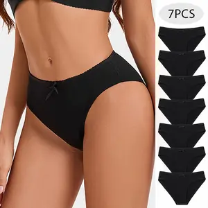 7-Piece Women's Cotton Panties Set, Minimalist Solid Black Briefs, Comfortable and Breathable Lingerie
