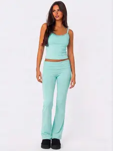 Women's Lace Trim Crop Top & Long Pants Set, Casual Sporty, Comfortable Home Wear, Stylish Women's Clothing, Sweatsuit Matching Set