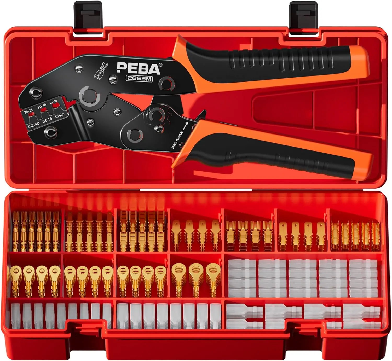 Open Barrel Crimping Tool Kit - 10 Sizes Quick Splice Male and Female Wire Spade Connectors with Ratcheting Crimper AWG 24-14, Ring Terminals for Electrical Wiring Car Audio Speaker Connectors