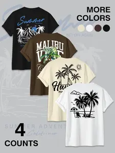 Men's Crewneck T-Shirt, 4 Styles California Malibu Beach Print, Summer Vacation Casual Streetwear Tee for Men