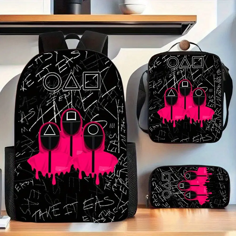 Squid Game Pink Soldiers 3-Piece Backpack Set, Graffiti Print School Bag + Lunch Bag + Pencil Case, Oxford Cloth Adjustable Strap Daypack for Fans & Teens