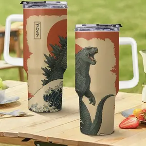 Godzilla 40oz 30oz 20oz Tumbler with Handle Straw, Kaiju Tumbler Vintage Japanese Giant Monster Great Wave Tumbler, Custom Name Tumbler Gift