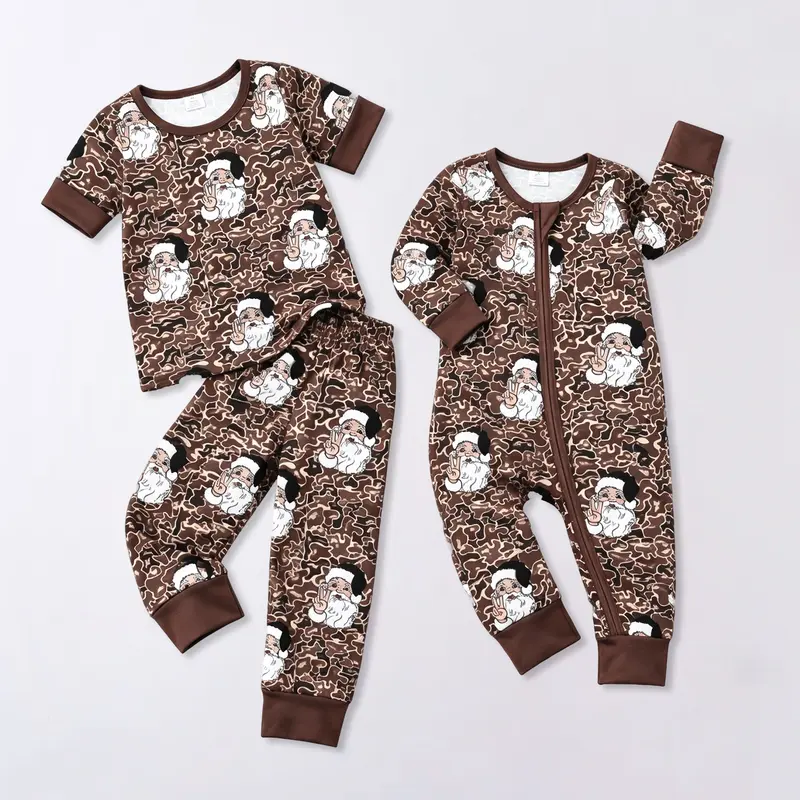 Kids Christmas Pajamas Set, Santa Camo 2-Piece Sleepwear Outfit, Cute Short Sleeve Top & Pants, Holiday Loungewear for Boys and Girls