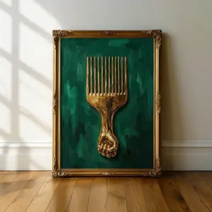 Unframed Handmade Black Power Artistic Wall Poster Print - Gold Afro Pick Design, Unique Artwork, Afrocentric Decoration, Multi-Size Tape-In Vintage Home Room Decor
