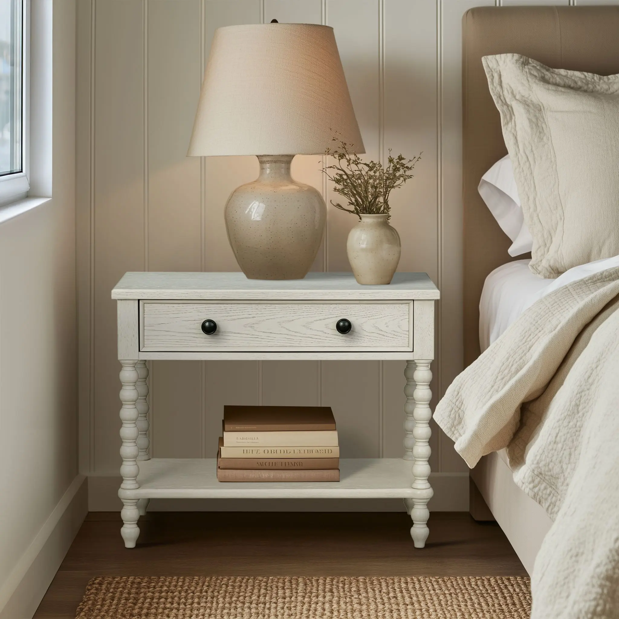 Antique Cream Wood Nightstand with Open Shelf, Farmhouse Bedside Table for Bedroom, Sturdy End Table with Storage, Large Size, Classic Vintage Style
