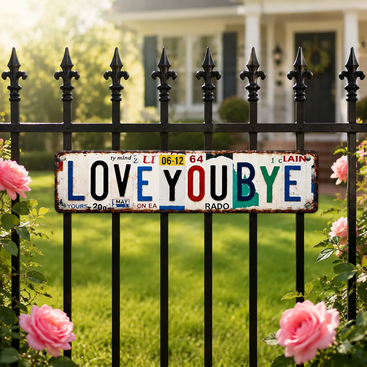 Love You Bye novelty Metal License Plate Sign - 40x10cm Fence Decor, Outdoor Iron Gate Wall Art, Funny Emotional Goodbye Home Decor for Front Yd Entryway