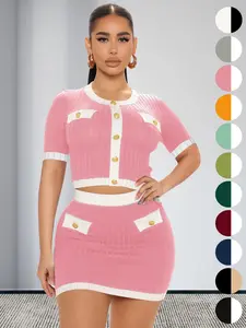Two-piece Set Women's Colorblock Fake Buttons Crop Tee & High Waist Skirt Set, Summer Clothes Women, Womenswear, Elegant Fashion Casual Round Neck Short Sleeve Top & Bodycon Skirt, Ladies Outfits for Summer
