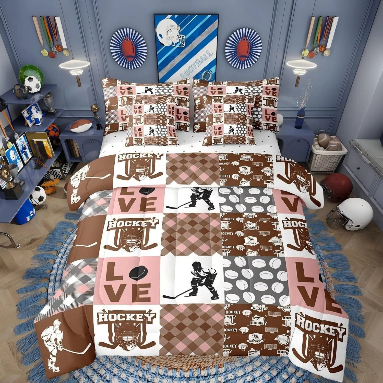 Ice Hockey Bed Sheets and Comforter Set,Teen Boy Ball Sports 7 Piece Bedding Set,Hockey Puck Games Bed in a Bag,European Sport Fan Balls Player Room Decor,Brown