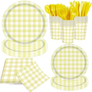 140 Pcs Yellow Gingham Party Supplies Set for 20 Guests with Plates & Cutlery