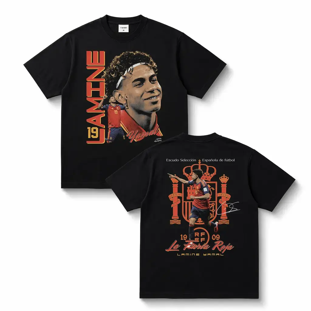 Unisex Vintage Washed Lamine Yamal Graphic Double Side T-Shirt, Heavyweight Cotton Oversized Crewneck Soccer Star Streetwear Tee, Casual Daily Match Day Outfit, Ideal Fan Merch Gift For Football Supporters, Breathable Soft Short Sleeve Sports Fashion Top