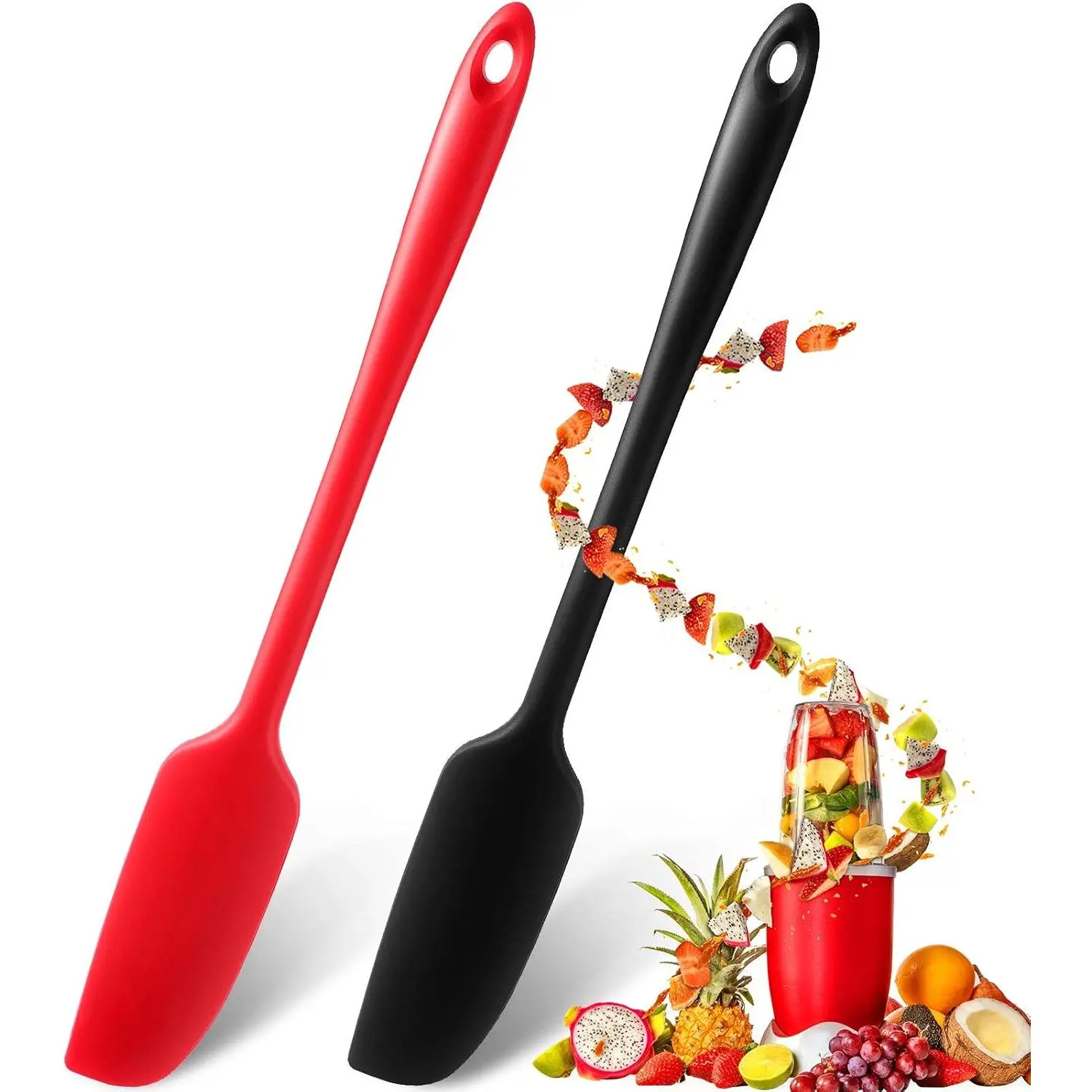 2 count  Jar Spatula Long Handle Non-stick Rubber Scraper Heat Resistant Spatula  Scraper for Jars, Smoothies, Blenders Cooking Baking Stirring Mixing Tools (Red,Black)