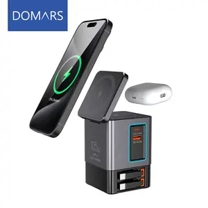 Domars 105W Gan 6-in-1 Power Combo Tower with Wireless Charging, Desktop Charging Station for 6 Devices Simultaneously, Retractable Cables & Touch LED Light, Compatible with iPhone, MacBook Pro,Apple Watch, AirPods, Switch, for Office & Home