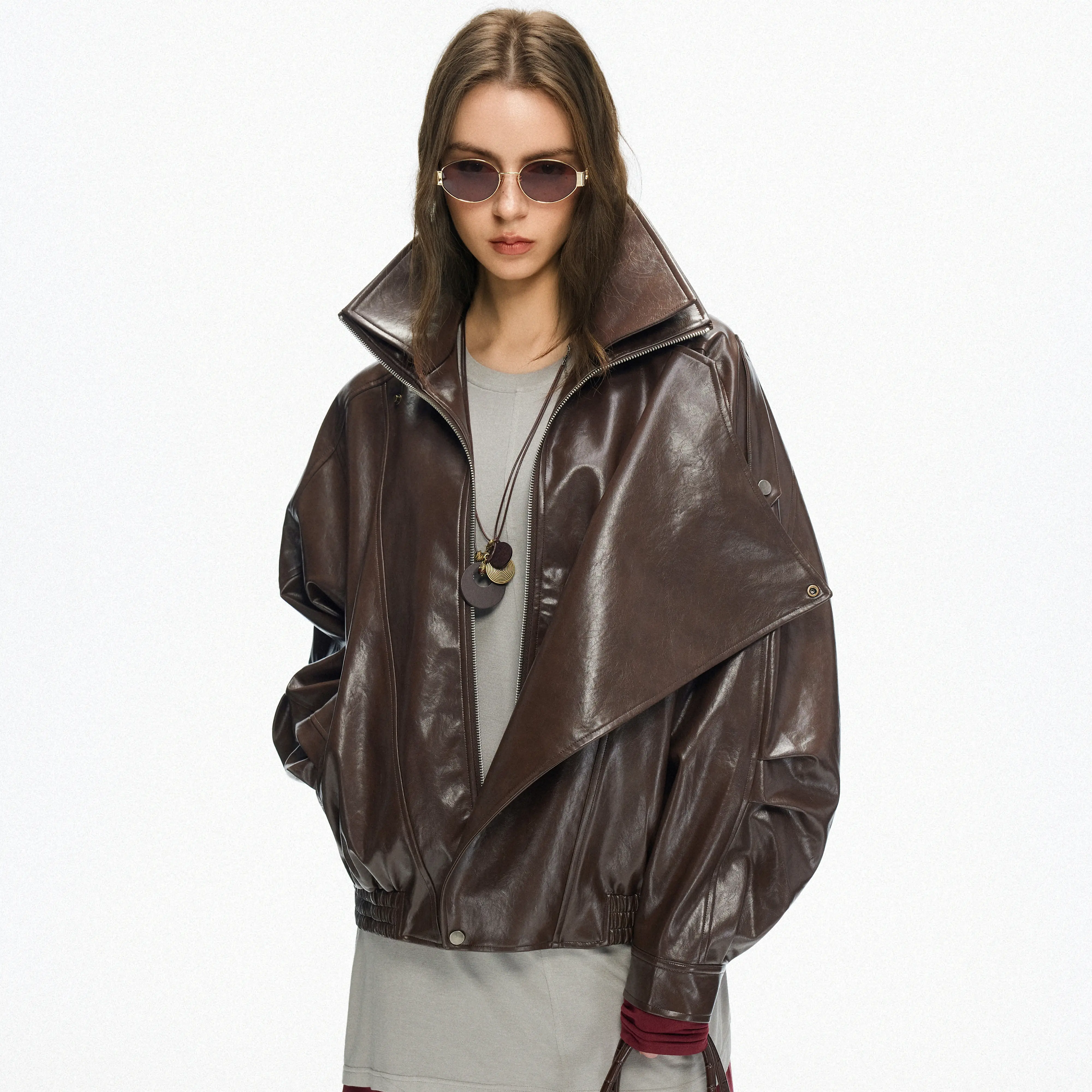 jccc shadow Faux Leather Stand Collar Oversized Moto Jacket Casual Long Sleeve Water- and Wind-Resistant Outerwear for Spring & Fall Ladies Clothes for Daily Wear Chic Outerwear Women's Faux Leather Moto Biker Coat Jacket