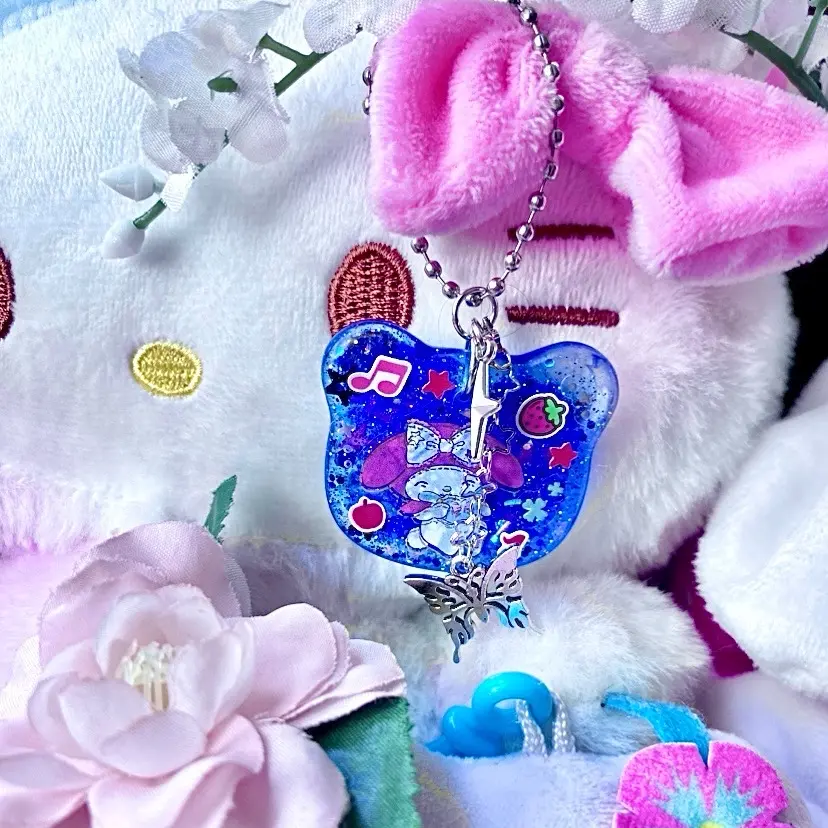 Handmade My Melody Sanrio Sparkle Resin Keychain with Star Chain and Butterfly Charm