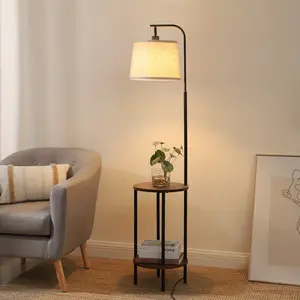 2024 1 count Wooden Farmhouse Floor Lamp with Adjustable Reading Light and Attached Table - Narrow Nightstand End Table - 110V-130V US Plug Power Supply