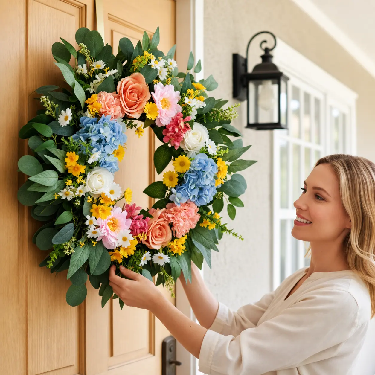 26in Decorative Eco-Friendly All-Season Fade-Resist. Floral Mix Wreath (1 Pack) - Round Farmhouse Artificial Decor, Lightweight Easy-Hanging for Car Exterior Front Door Housewarming Gifts